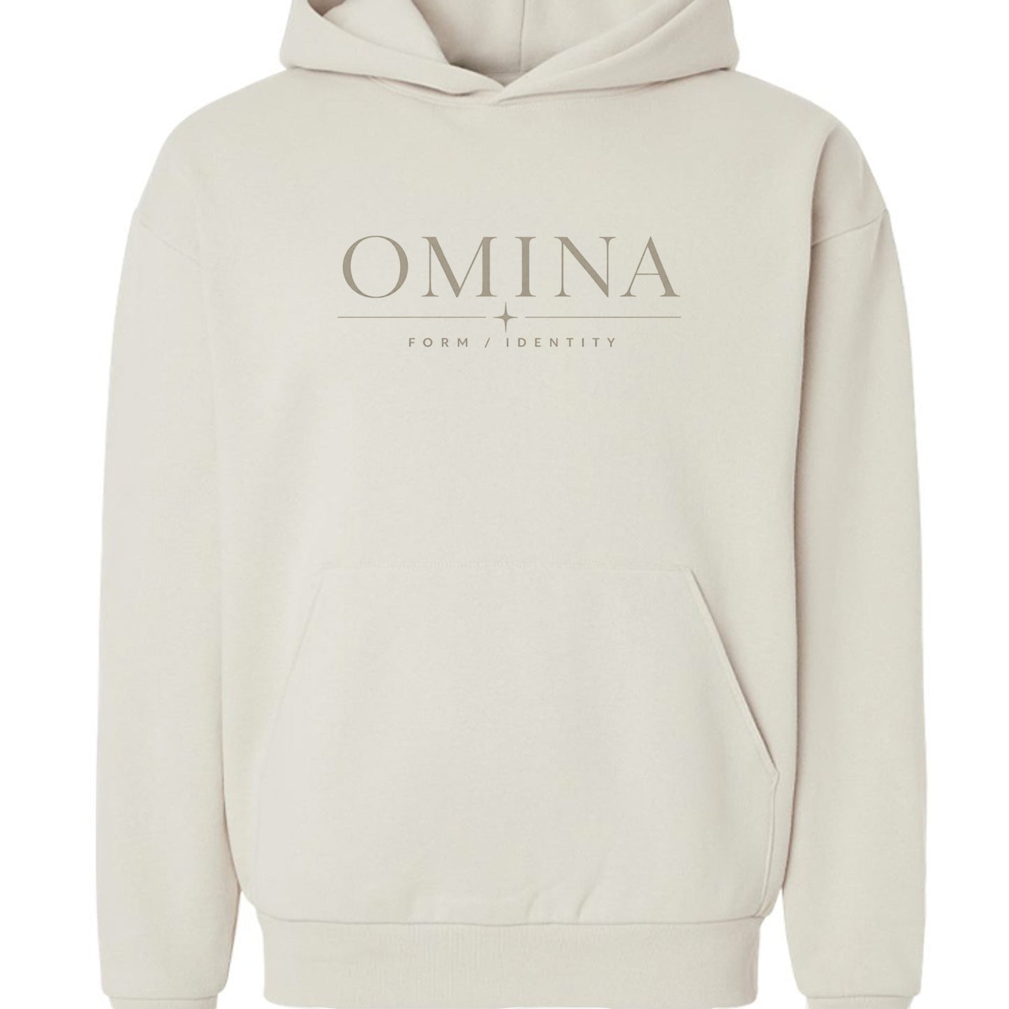 Omina cream cotton blend hoodie with minimalist logo graphic on chest. Streetwear style.