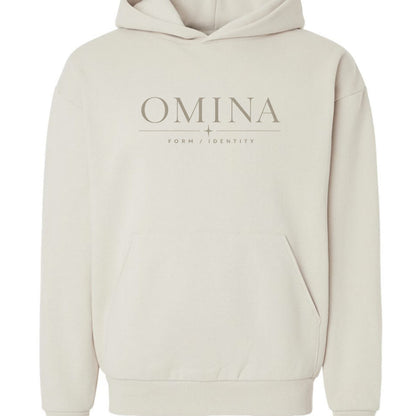 Omina cream cotton blend hoodie with minimalist logo graphic on chest. Streetwear style.