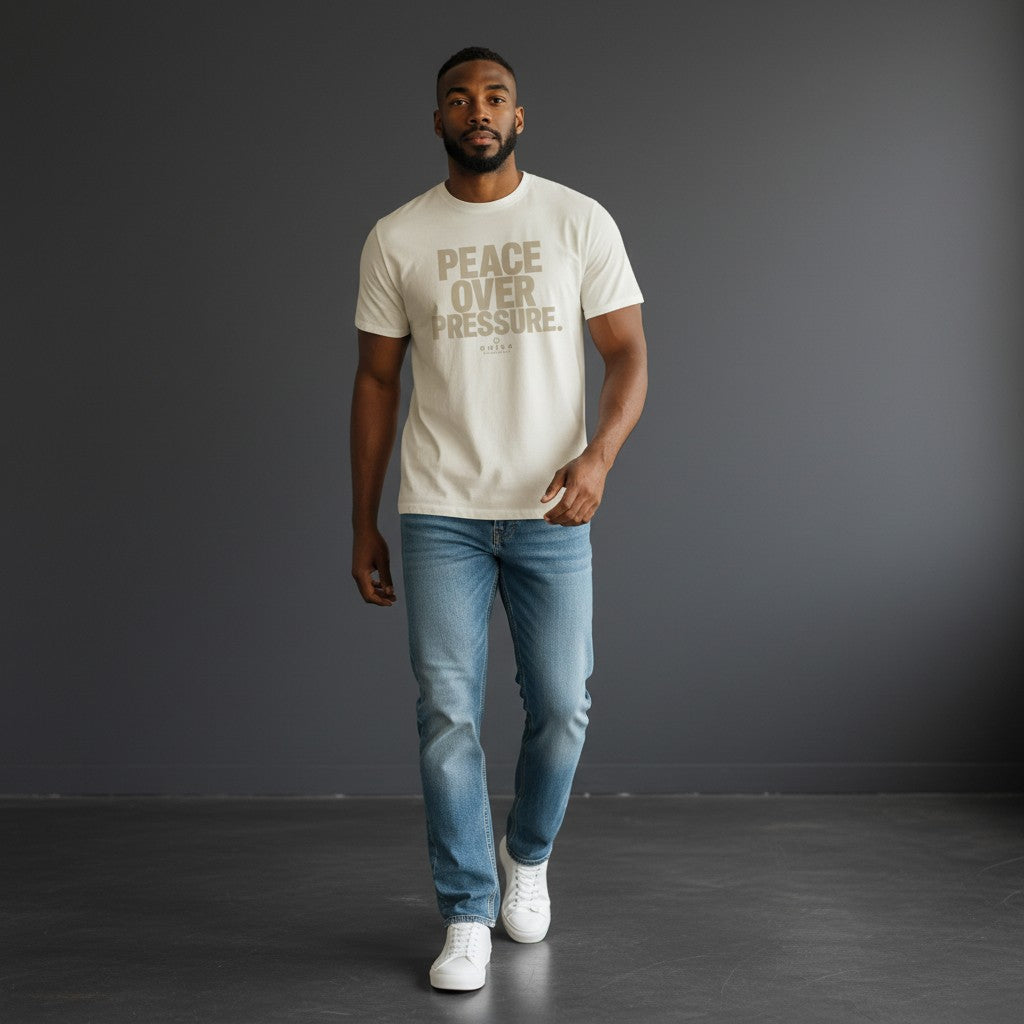 Model wearing an Omina cream heavyweight cotton t-shirt with PEACE OVER PRESSURE text, paired with blue jeans.
