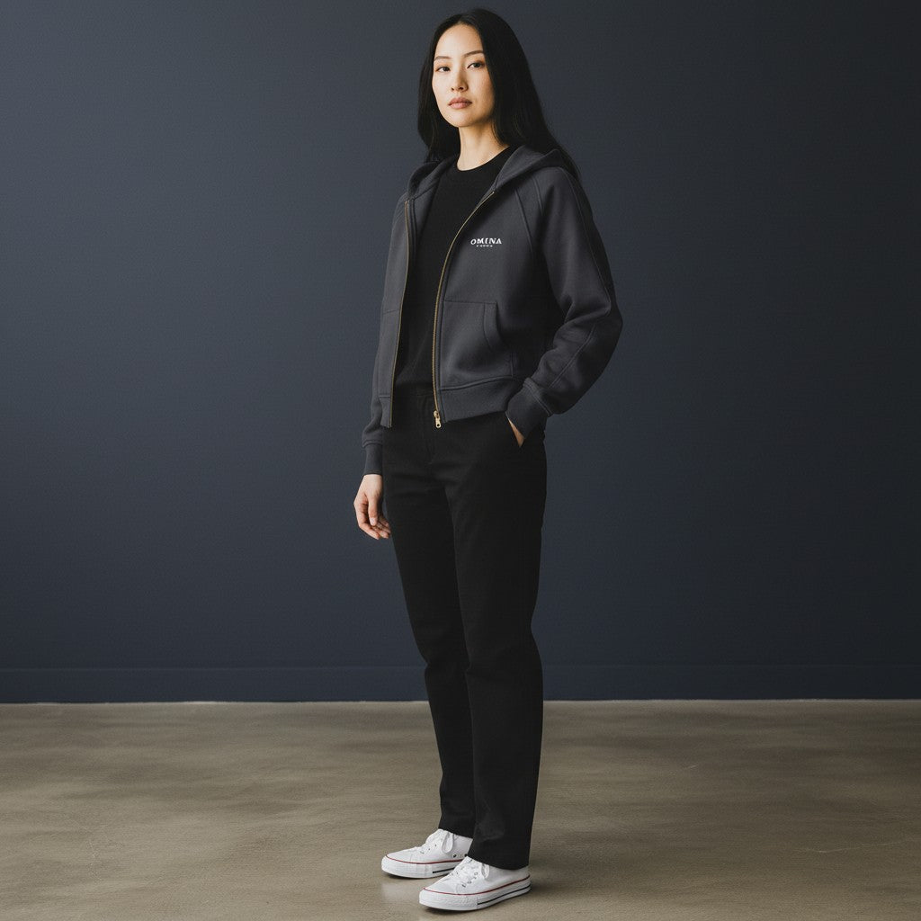 Omina Essentials black cropped zip-through hoodie with adjustable hood and ribbed cuffs. Soft premium fabric.