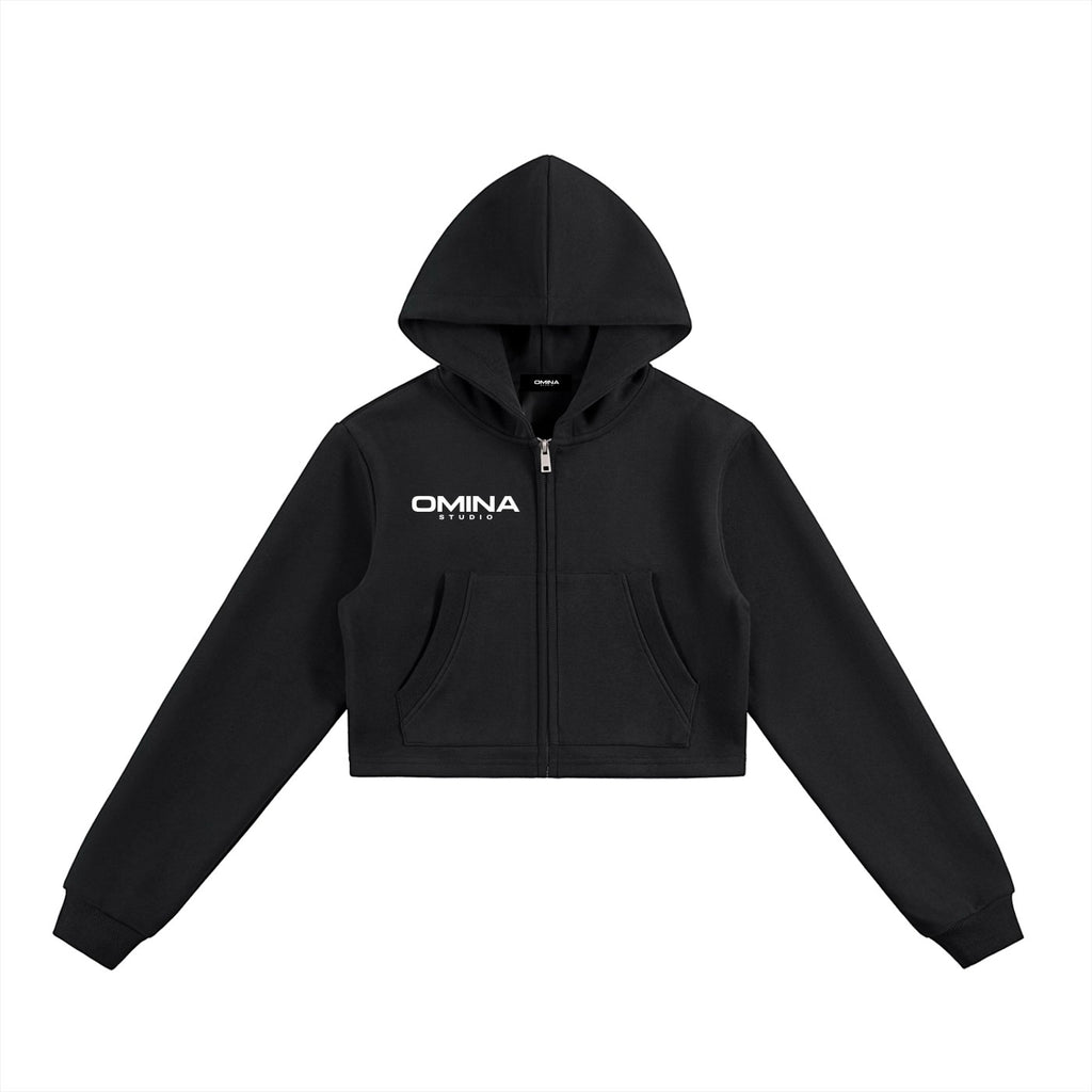 OMINA STUDIO black heavyweight cotton-blend fleece cropped zip hoodie with white logo detail