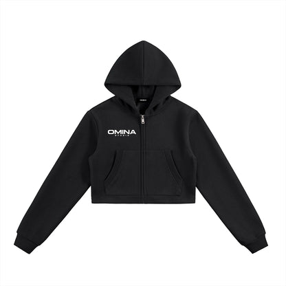 OMINA STUDIO black heavyweight cotton-blend fleece cropped zip hoodie with white logo detail