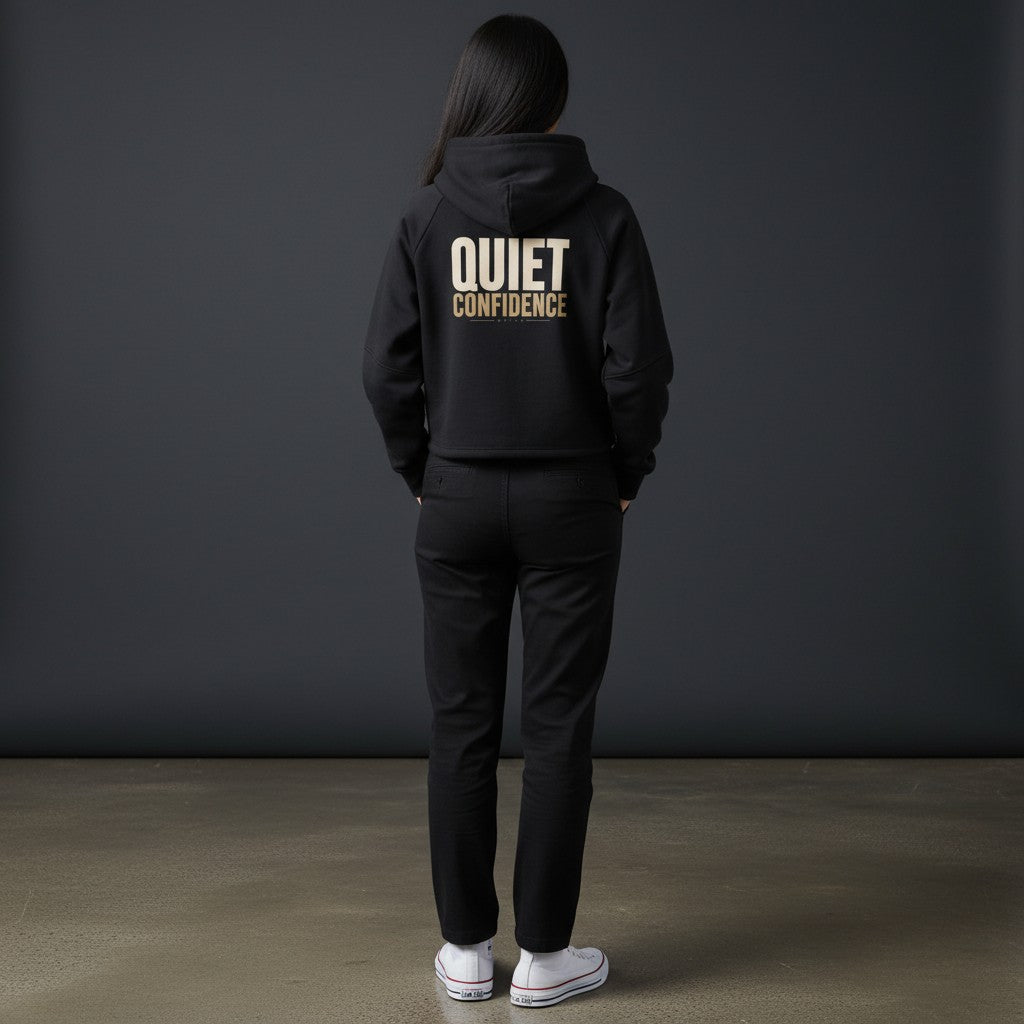 Omina black cropped zip-through hoodie with "QUIET CONFIDENCE" graphic on back. Soft premium fabric, relaxed fit, adjustable hood.