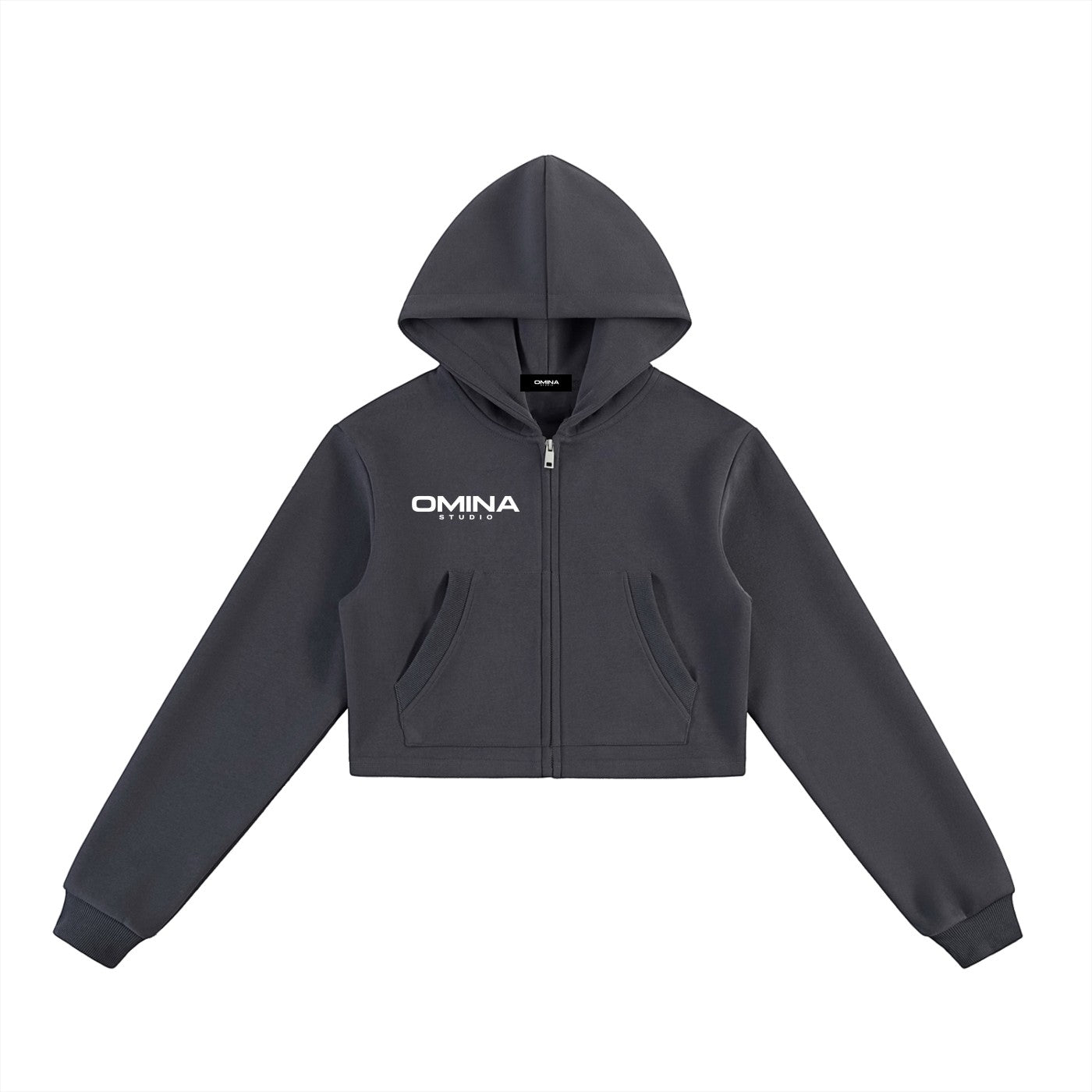 Omina dark grey cotton-blend fleece cropped zip hoodie with white Omina Studio graphic detailing and pockets.