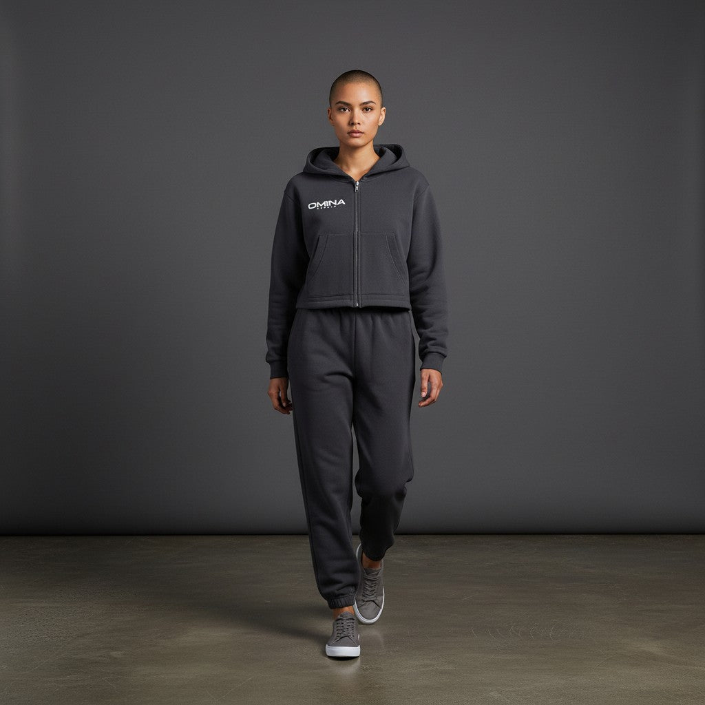 Omina dark grey heavyweight cotton-blend cropped zip hoodie with white Omina Studio graphic