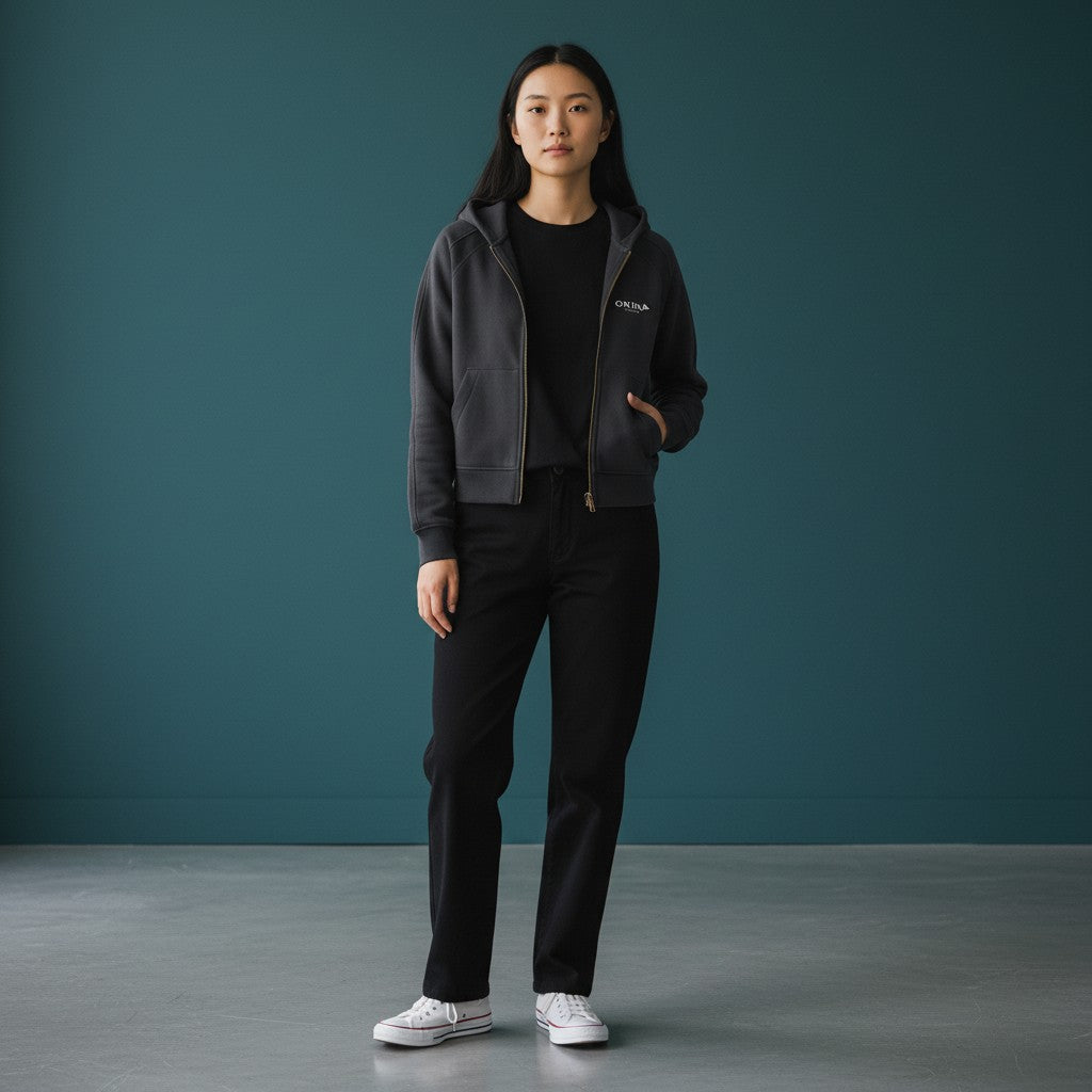 Omina Essentials women's cropped zip-through hoodie in dark grey, made from soft premium fabric with adjustable hood and ribbed cuffs.