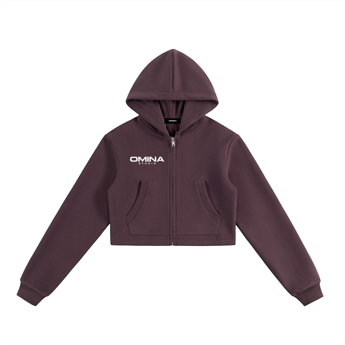 Omina cropped zip hoodie in dark plum, made from a cotton-blend fleece with a relaxed fit and Omina Studio graphic.