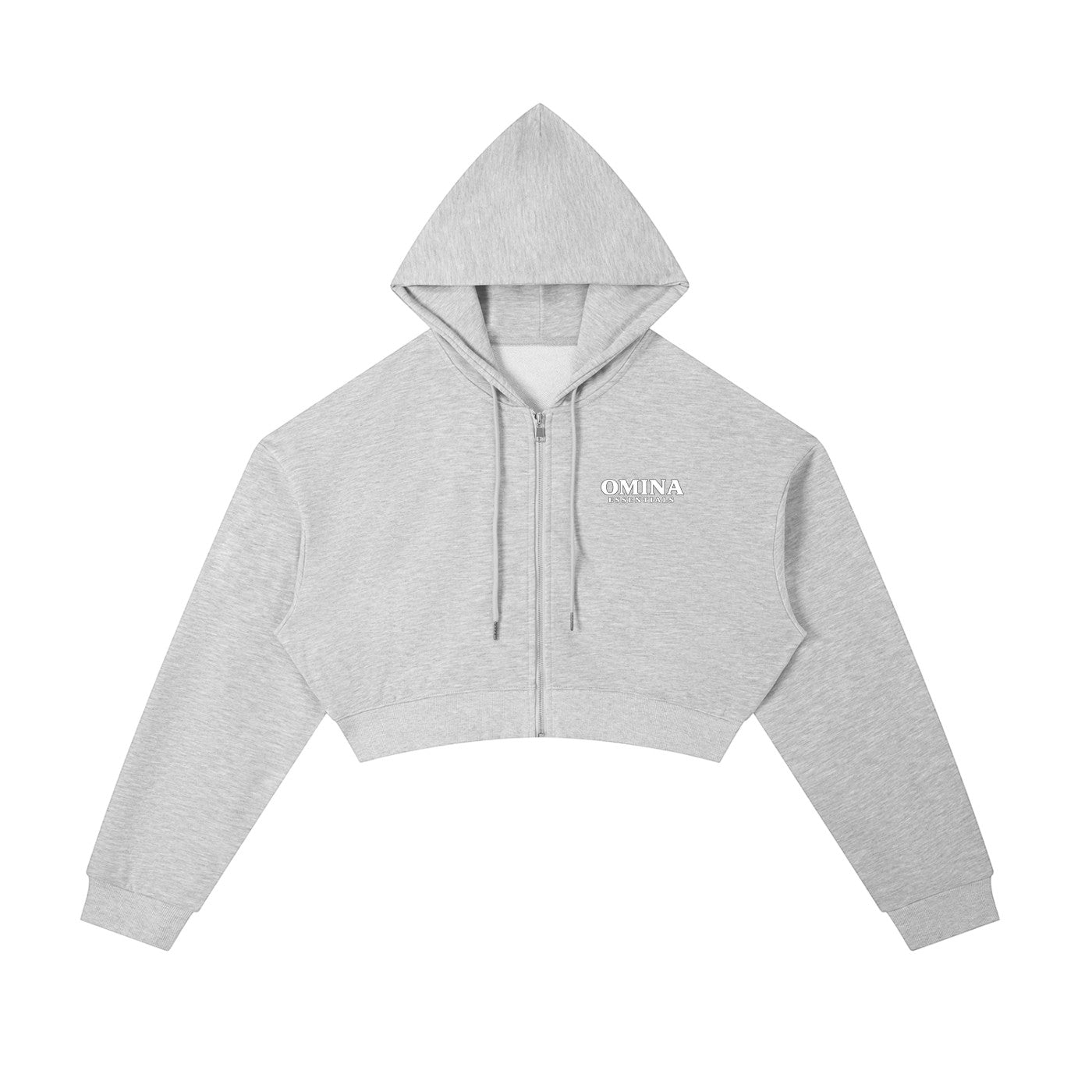 Omina light grey cotton blend cropped zip-up hoodie with adjustable drawstring hood and drop shoulders.