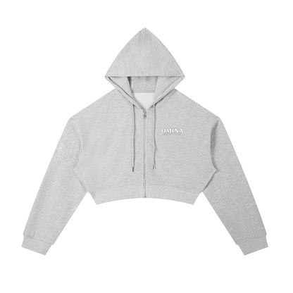 Omina light grey cotton blend cropped zip-up hoodie with adjustable drawstring hood and drop shoulders.