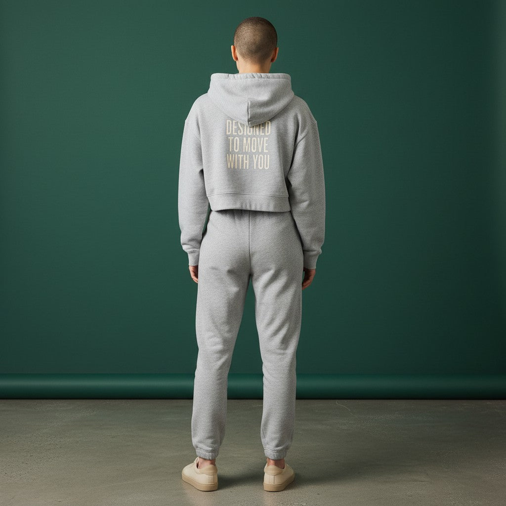 Omina women's light grey cropped zip-up hoodie with adjustable drawstring hood and "DESIGNED TO MOVE WITH YOU" text on back. Cotton blend.