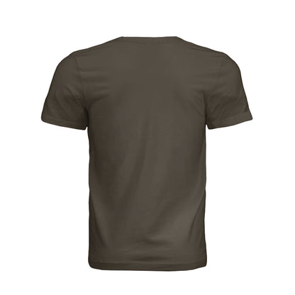 Back view of a plain dark brown Omina unisex cotton jersey t-shirt with a minimalist design.
