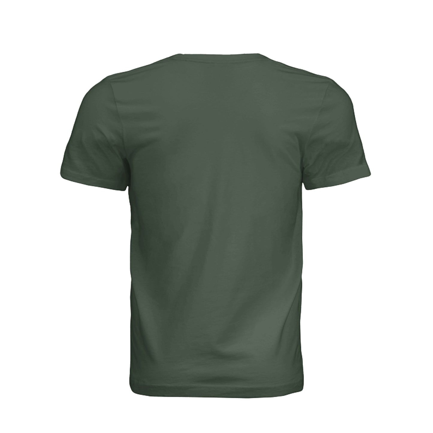 Back view of a plain dark green Omina unisex cotton jersey t-shirt with a minimalist crew neckline.