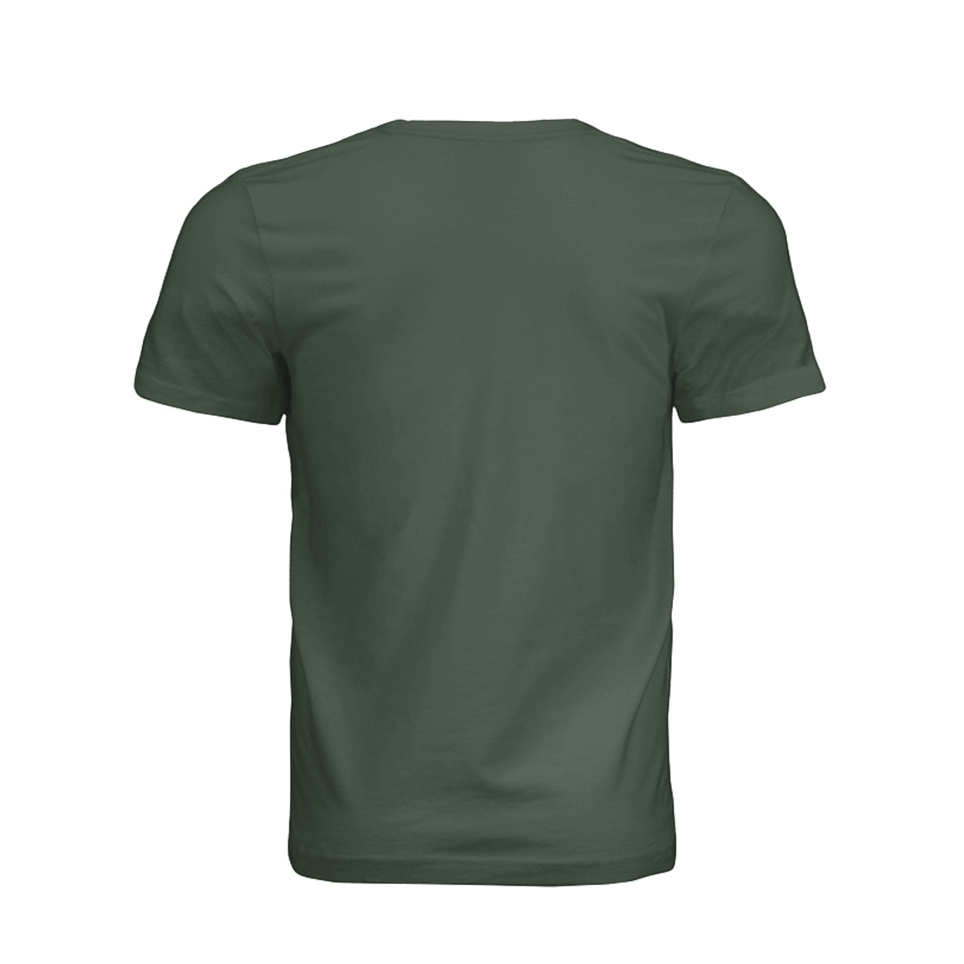 Back view of a plain dark green Omina unisex cotton jersey t-shirt with a minimalist crew neckline.