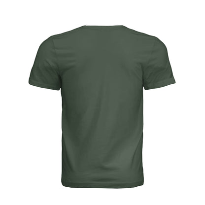 Back view of a plain dark green Omina unisex cotton jersey t-shirt with a minimalist crew neckline.