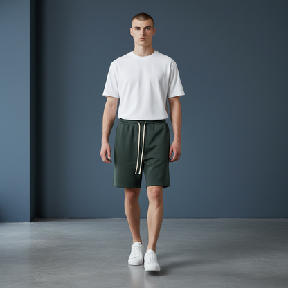 A model wearing Omina Essentials dark green unisex drawstring shorts with a white t-shirt and white sneakers