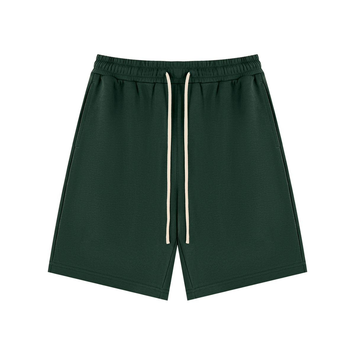 Omina unisex dark green drawstring shorts with an elastic waistband and side pockets for casual everyday comfort.