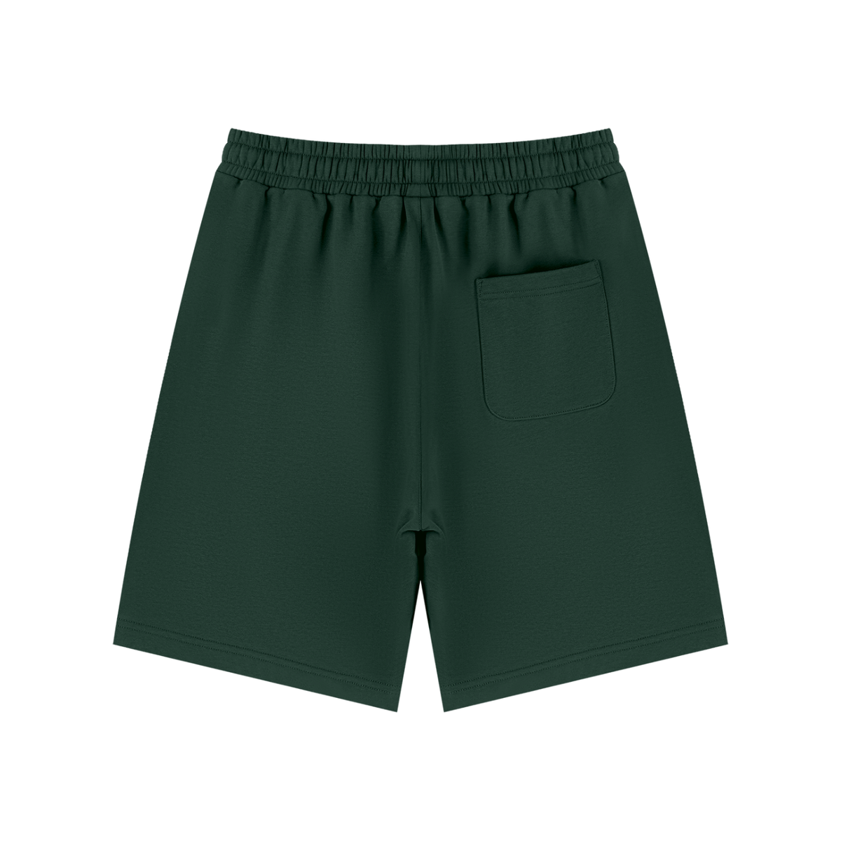 Back view of Omina unisex dark green drawstring shorts with an elastic waistband and a single rear patch pocket.