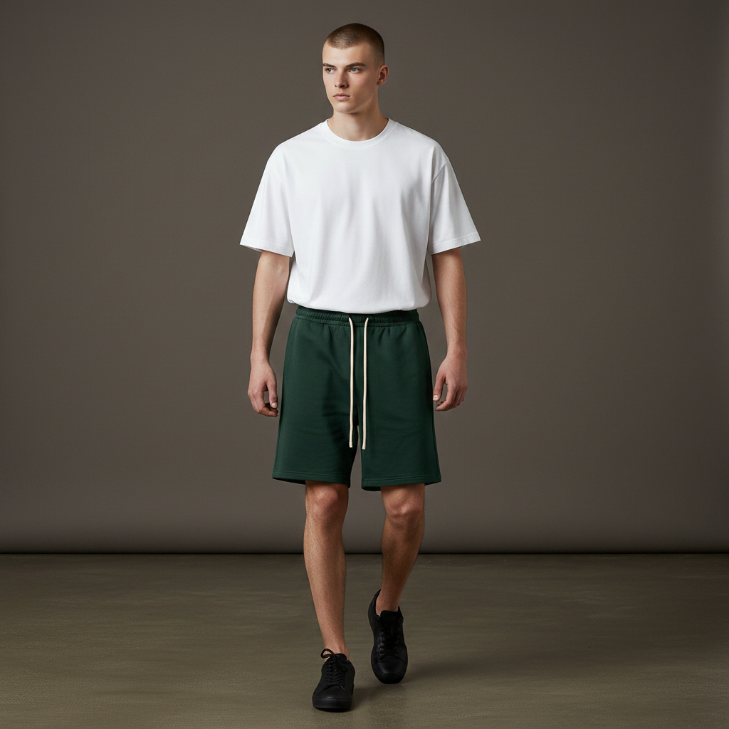 Model wearing Omina dark green unisex drawstring shorts with a white t-shirt and black sneakers in a studio setting