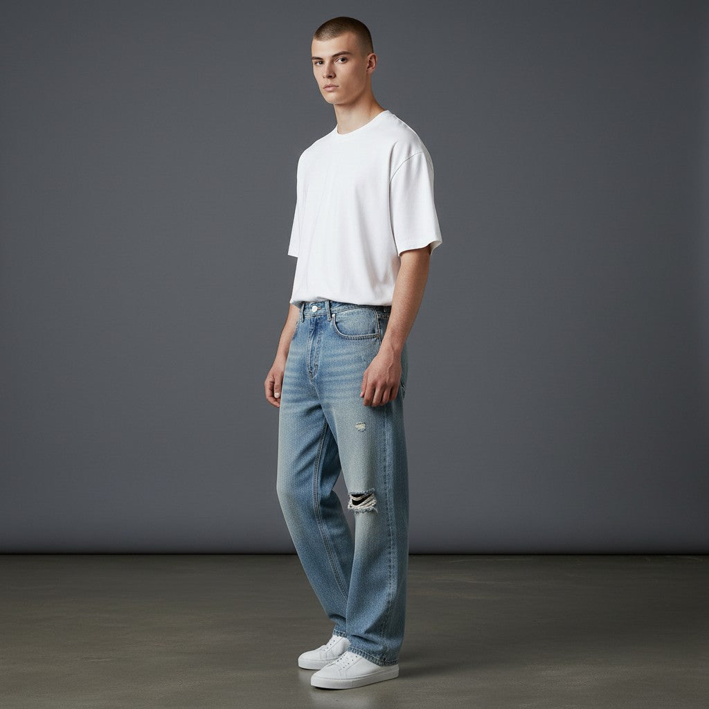 OMINA vintage wash distressed light blue denim jeans with a relaxed straight-leg fit.
