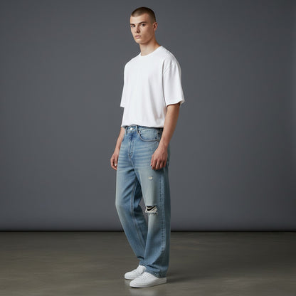 OMINA vintage wash distressed light blue denim jeans with a relaxed straight-leg fit.