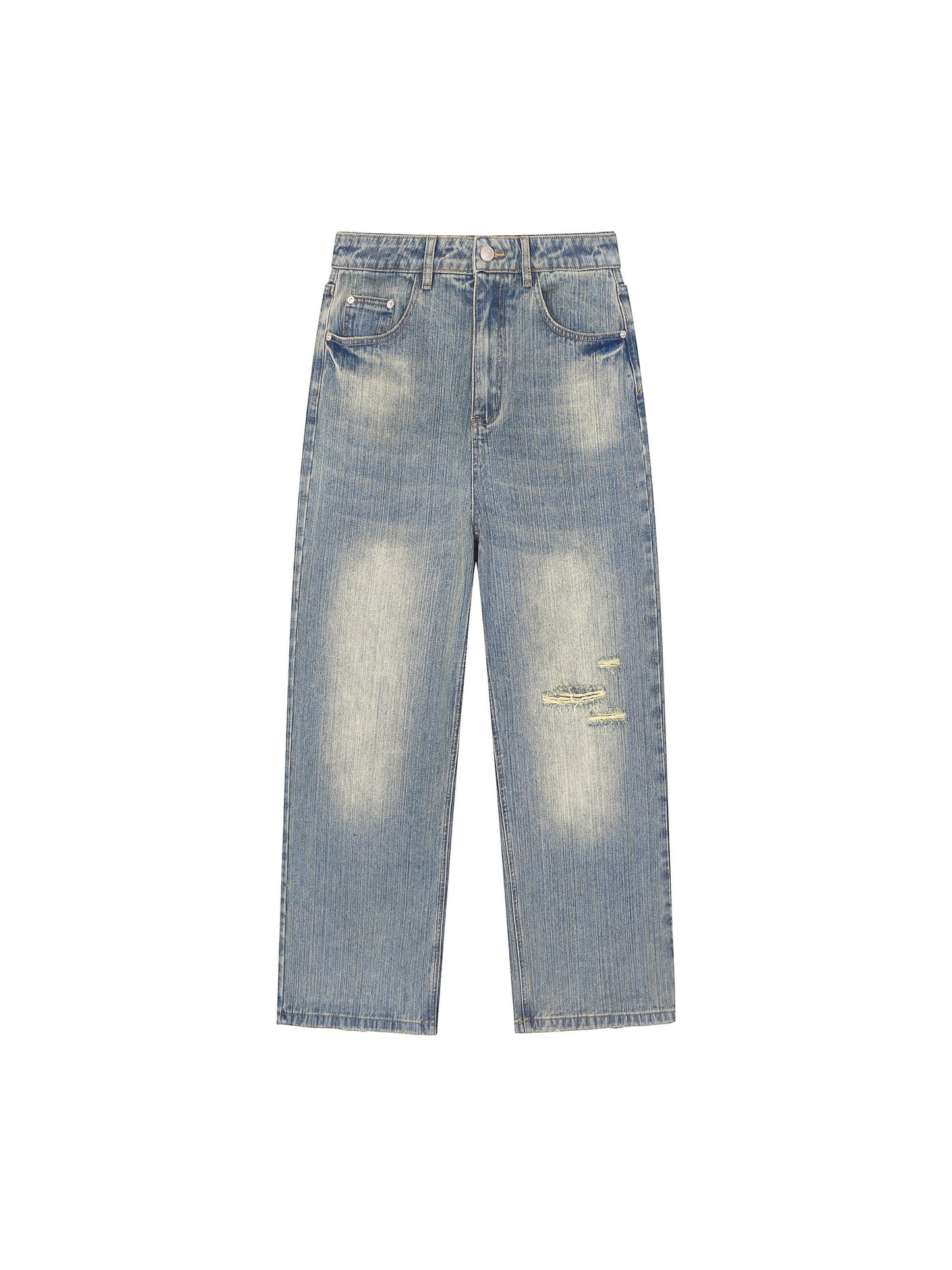 OMINA vintage wash distressed denim jeans in a relaxed straight-leg fit with faded detailing.