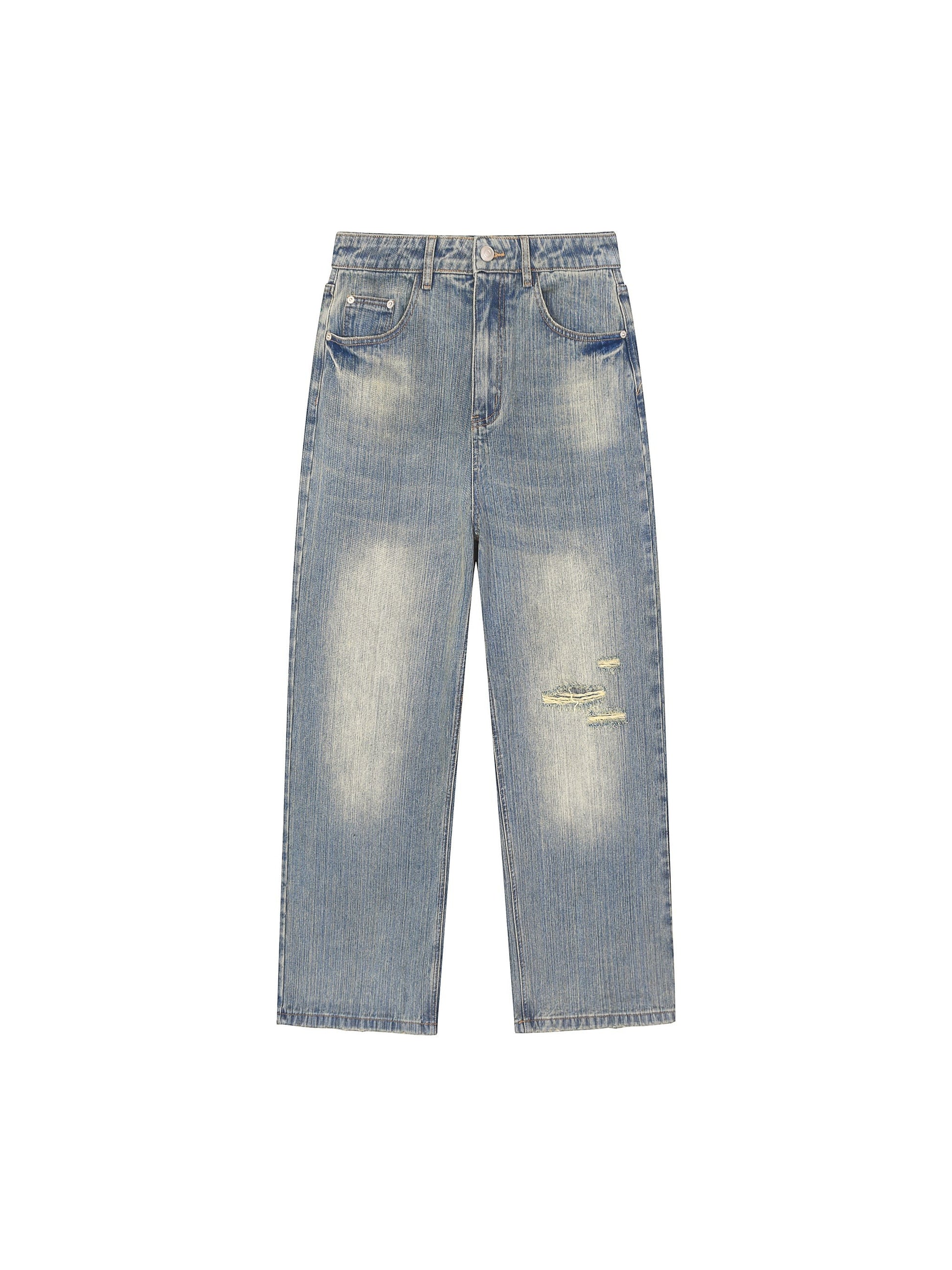 OMINA vintage wash distressed denim jeans in a relaxed straight-leg fit with faded detailing.