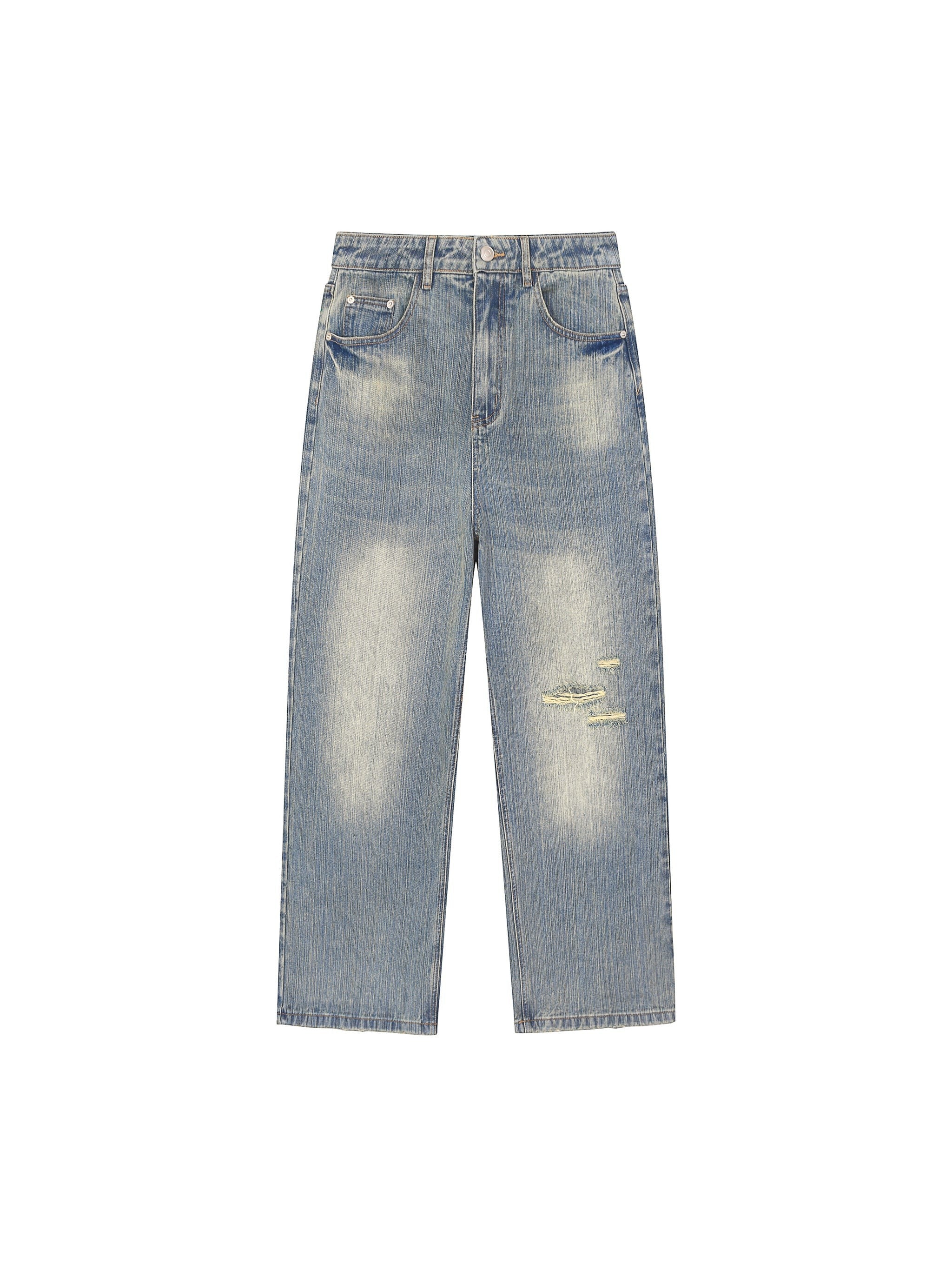 OMINA vintage wash distressed denim jeans in a relaxed straight-leg fit with faded detailing.