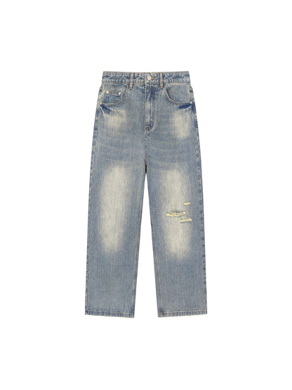OMINA vintage wash distressed denim jeans in a relaxed straight-leg fit with faded detailing.