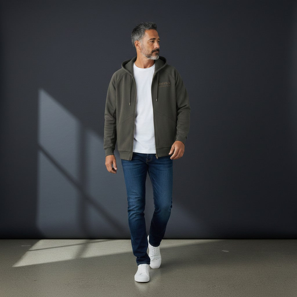 Omina dark olive green oversized dolman sleeve zip-through fleece hoodie with a subtle logo on the chest.