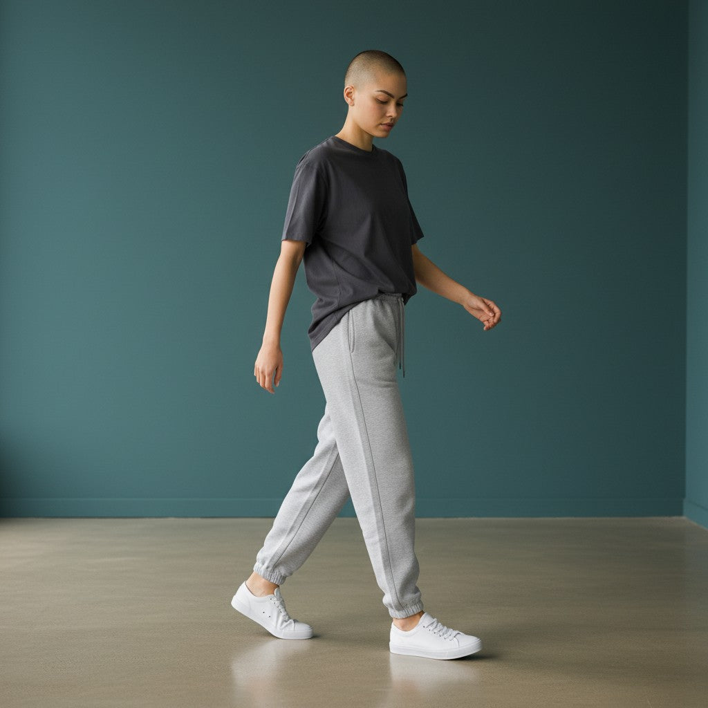 Omina women wearing grey cotton blend jogged sweatpants with an elastic drawstring waist and white sneakers