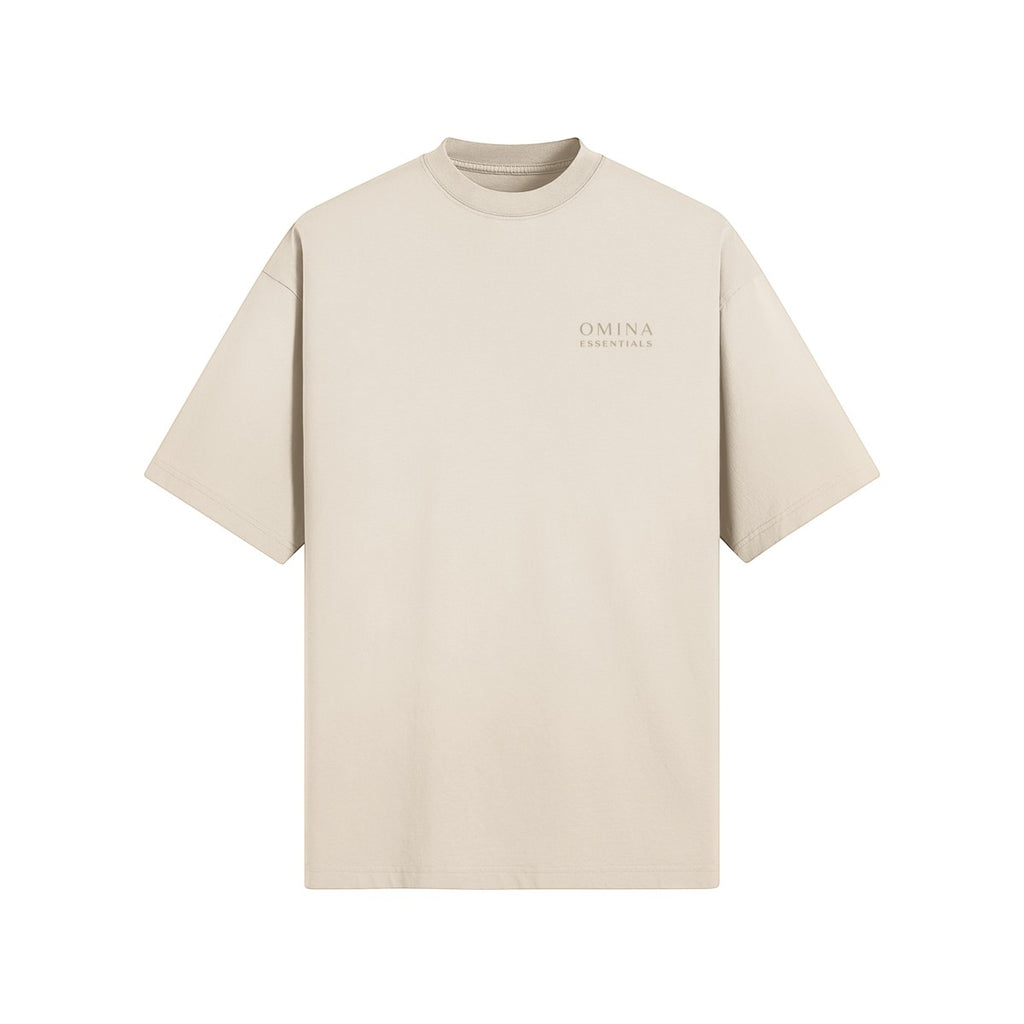 Omina Essentials beige cotton t-shirt with minimalist logo on chest. Soft, breathable, everyday fit.