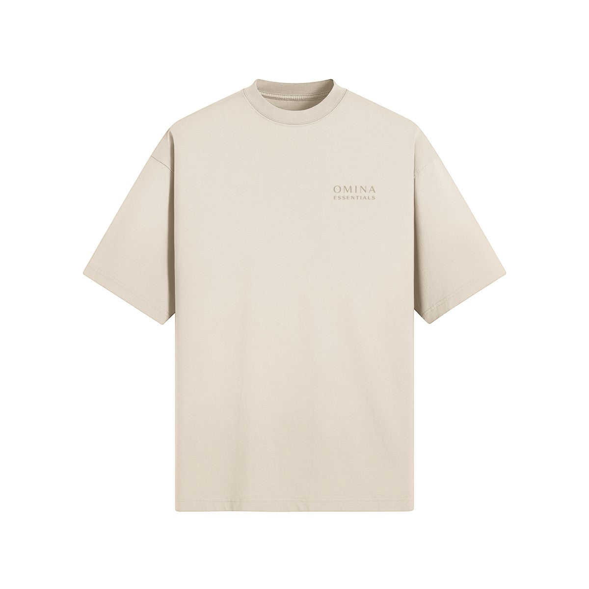 Omina Essentials beige cotton t-shirt with minimalist logo on chest. Soft, breathable, everyday fit.