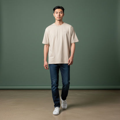 Omina Essentials men's beige cotton t-shirt with minimalist logo detail, paired with dark wash jeans.