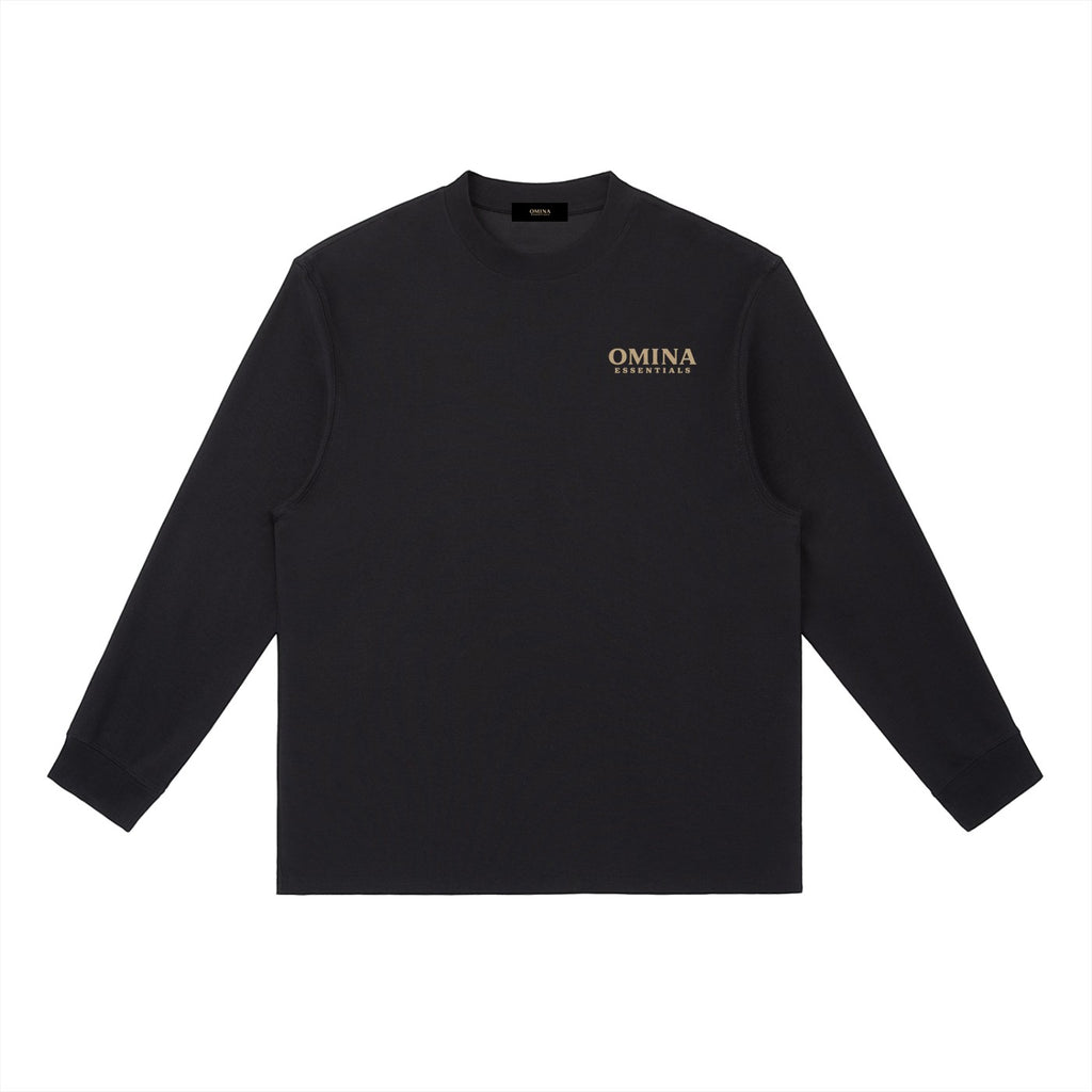 Omina Essentials black cotton blend long-sleeve t-shirt with crewneck and relaxed fit. Features subtle gold logo.