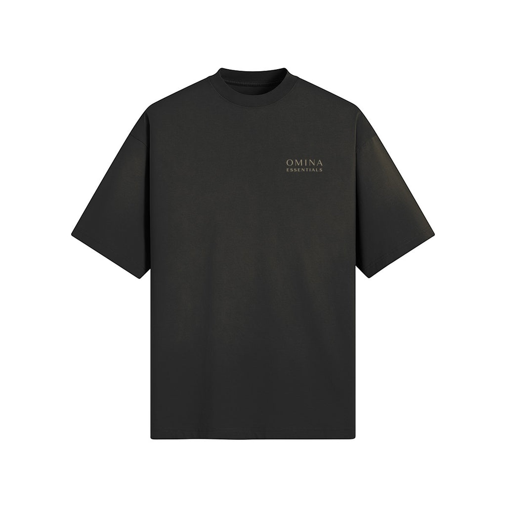 OMINA Essentials black premium cotton t-shirt with minimalist logo on chest. Soft, breathable, and durable.