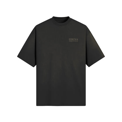 OMINA Essentials black premium cotton t-shirt with minimalist logo on chest. Soft, breathable, and durable.