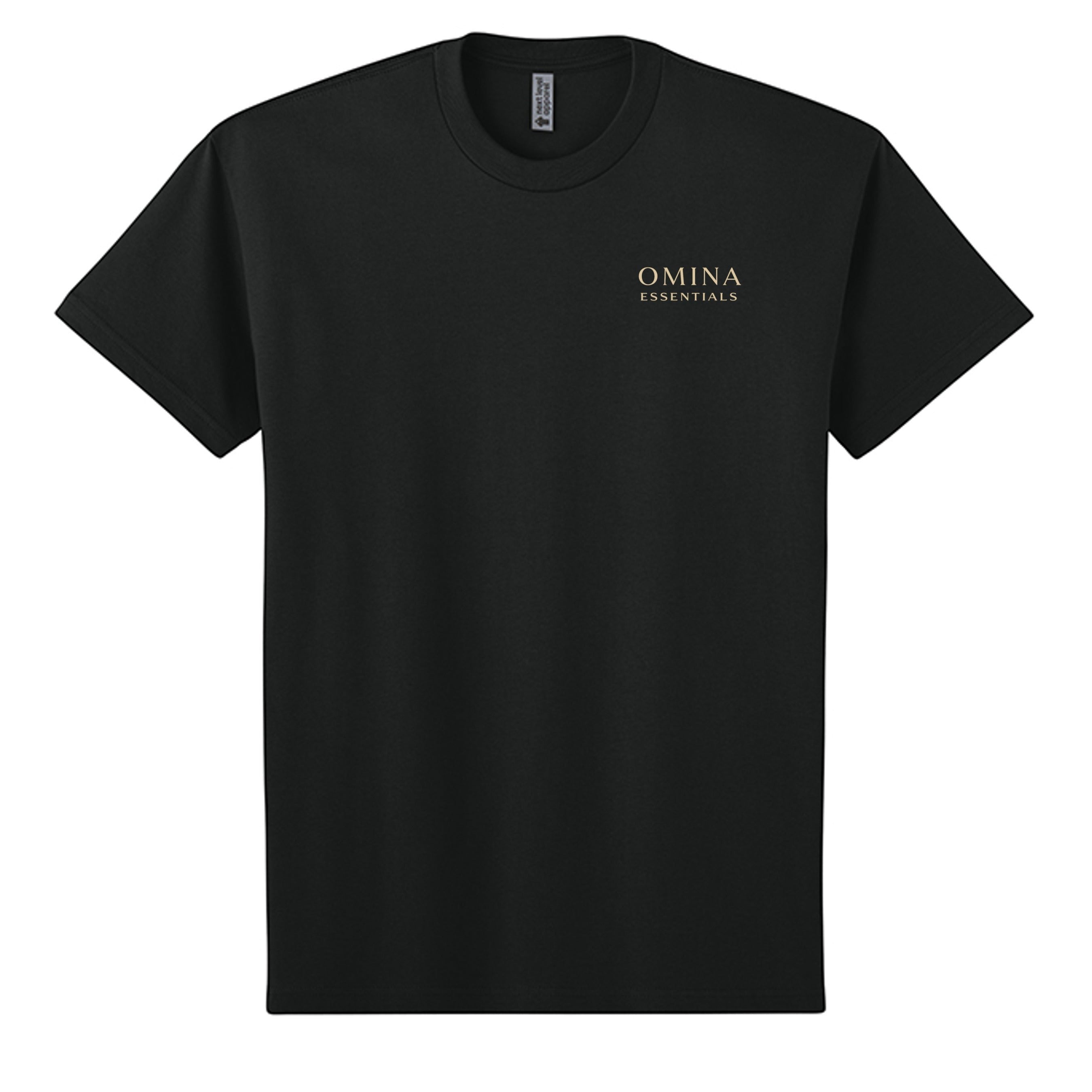 Omina Essentials black heavyweight cotton t-shirt with gold logo on chest. Relaxed oversized fit.