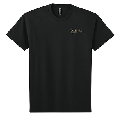 Omina Essentials black heavyweight cotton t-shirt with gold logo on chest. Relaxed oversized fit.