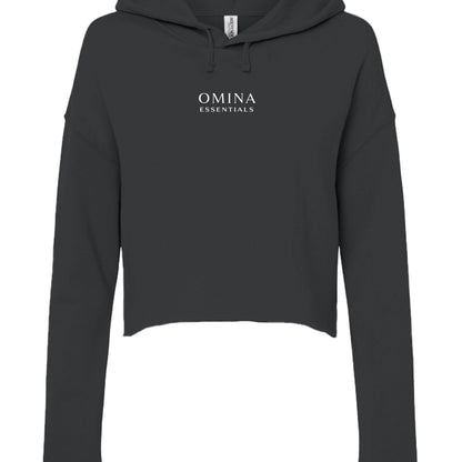 Omina Essentials black cropped hoodie with long sleeves, a flat drawcord hood, and white brand logo on the chest.