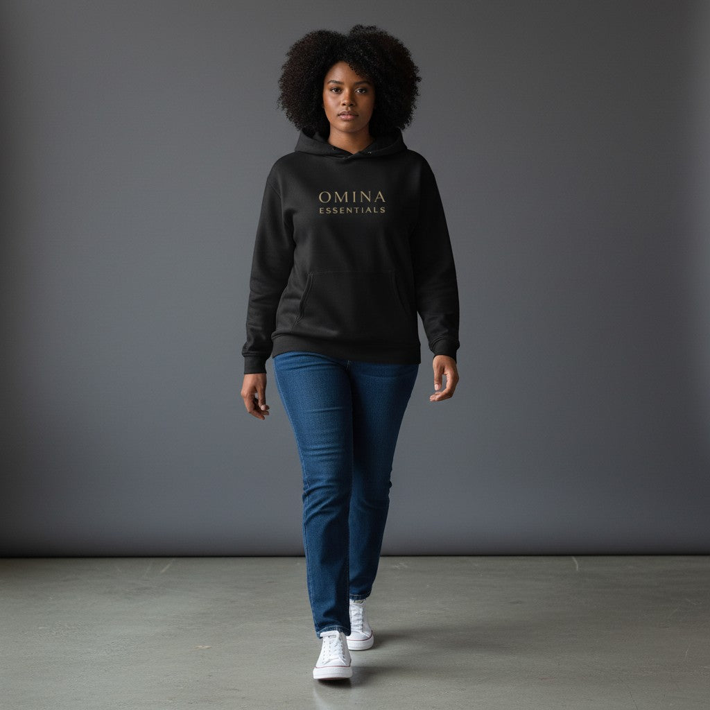 OMINA Essentials black fleeced boxy hoodie with drop shoulders and ribbed cuffs/hem. Premium heavyweight feel.
