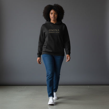 OMINA Essentials black fleeced boxy hoodie with drop shoulders and ribbed cuffs/hem. Premium heavyweight feel.