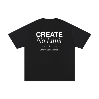 Omina Essentials black heavyweight cotton t-shirt with "CREATE No Limit" graphic print and relaxed fit.