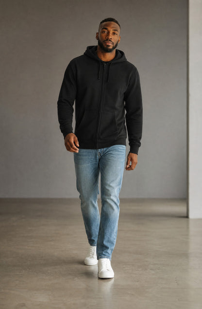 OMINA Essentials black heavyweight fleece zip hoodie with double-layer hood and front pockets.