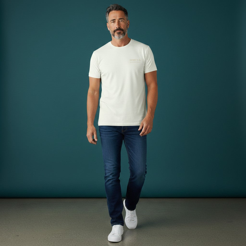 Omina Essentials cream heavyweight combed ring-spun cotton t-shirt with minimalist branding on the left chest.