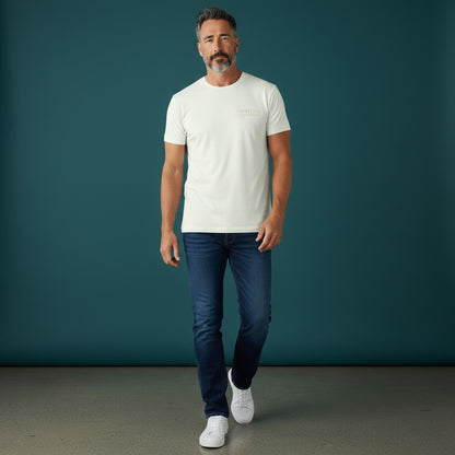 Omina Essentials cream heavyweight combed ring-spun cotton t-shirt with minimalist branding on the left chest.