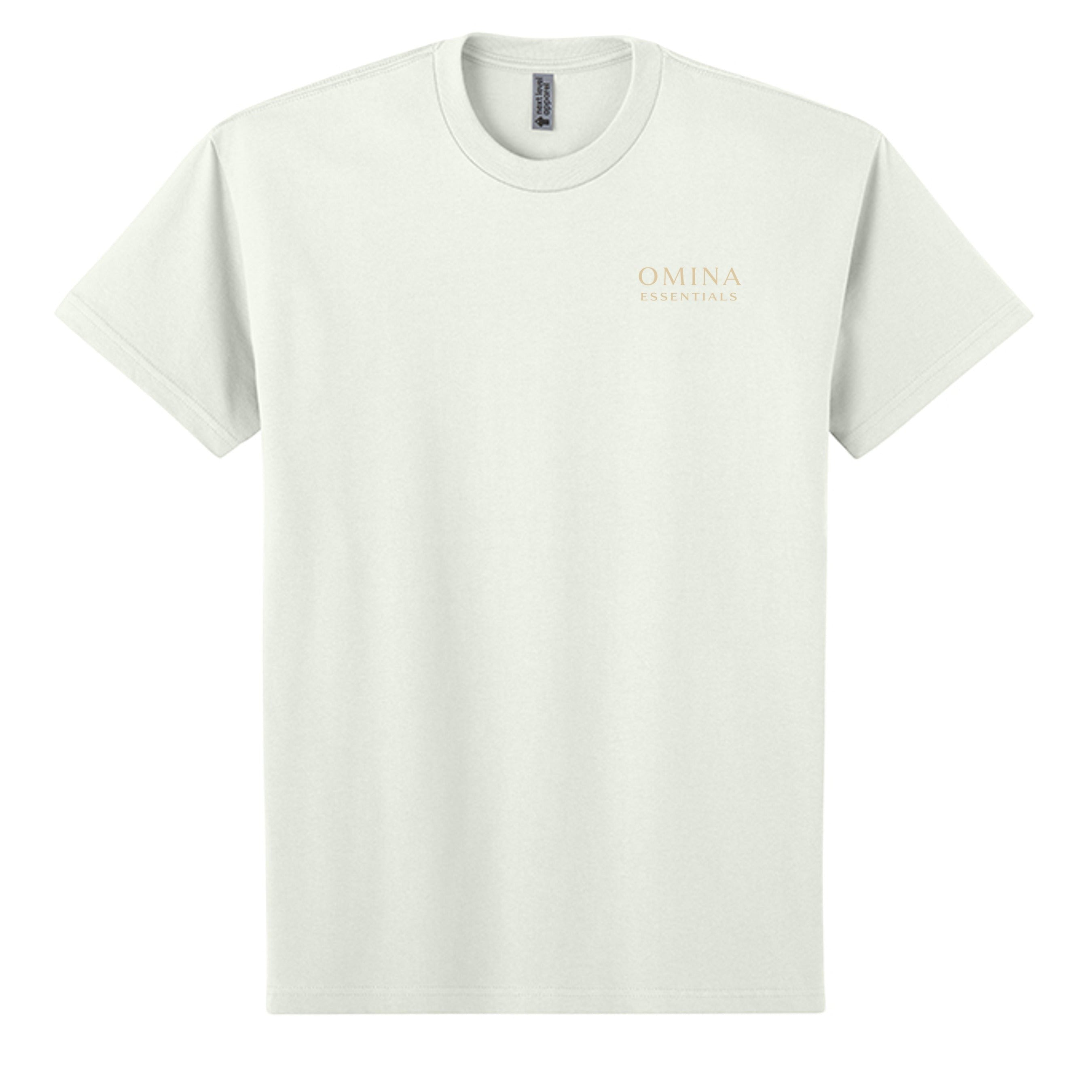 Omina Essentials cream heavyweight combed ring-spun cotton t-shirt with minimalist branding on left chest.