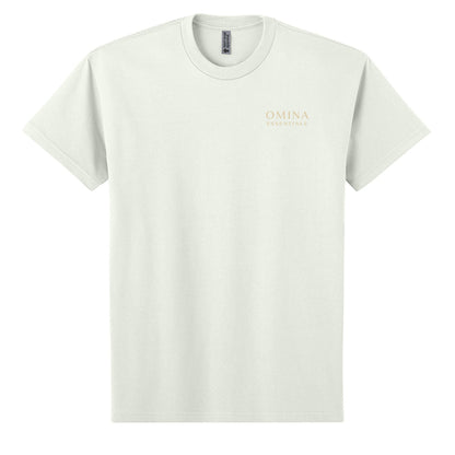 Omina Essentials cream heavyweight combed ring-spun cotton t-shirt with minimalist branding on left chest.