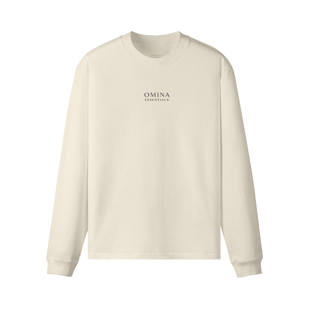 Omina Essentials cream heavyweight long sleeve t-shirt with drop shoulders and minimalist logo on chest.