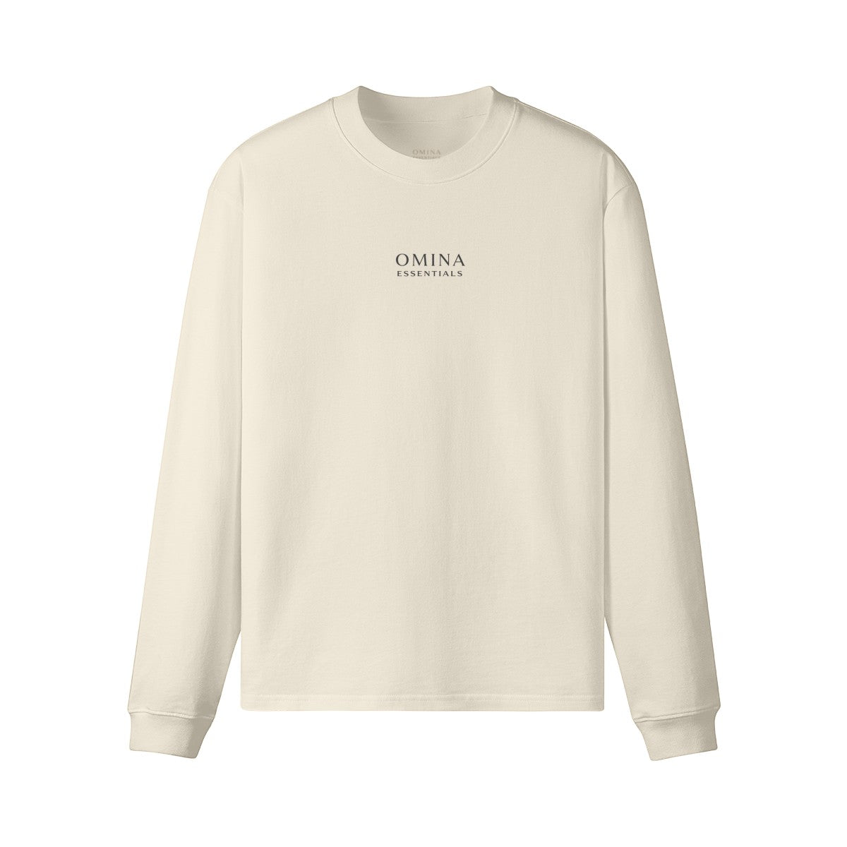Omina Essentials cream heavyweight long sleeve t-shirt with drop shoulders and minimalist logo on chest.