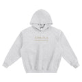 Omina Essentials light grey fleeced boxy hoodie with gold logo on chest and drop shoulders.